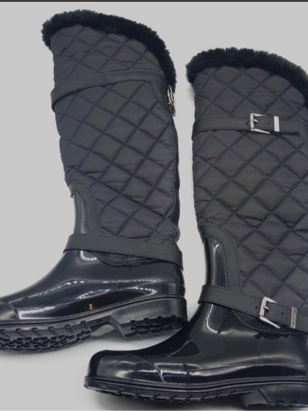 Michael Kors Black Quilted Faux Fur-Trim Rain Boots